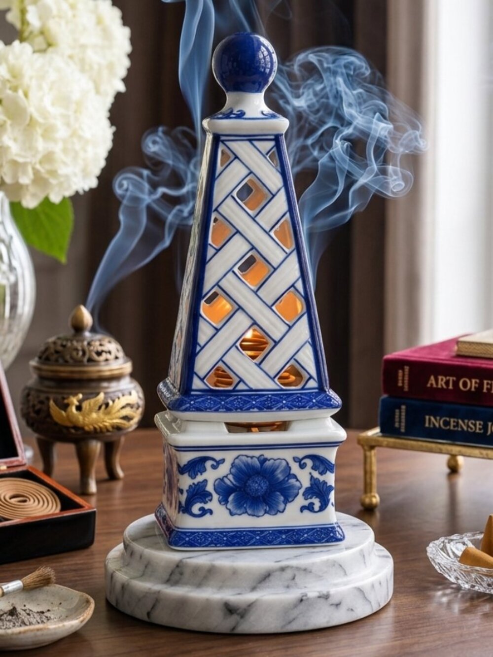 Designer-Inspired Blue & White Chinoiserie Obelisk Candle Holder Bombay Co. 10"